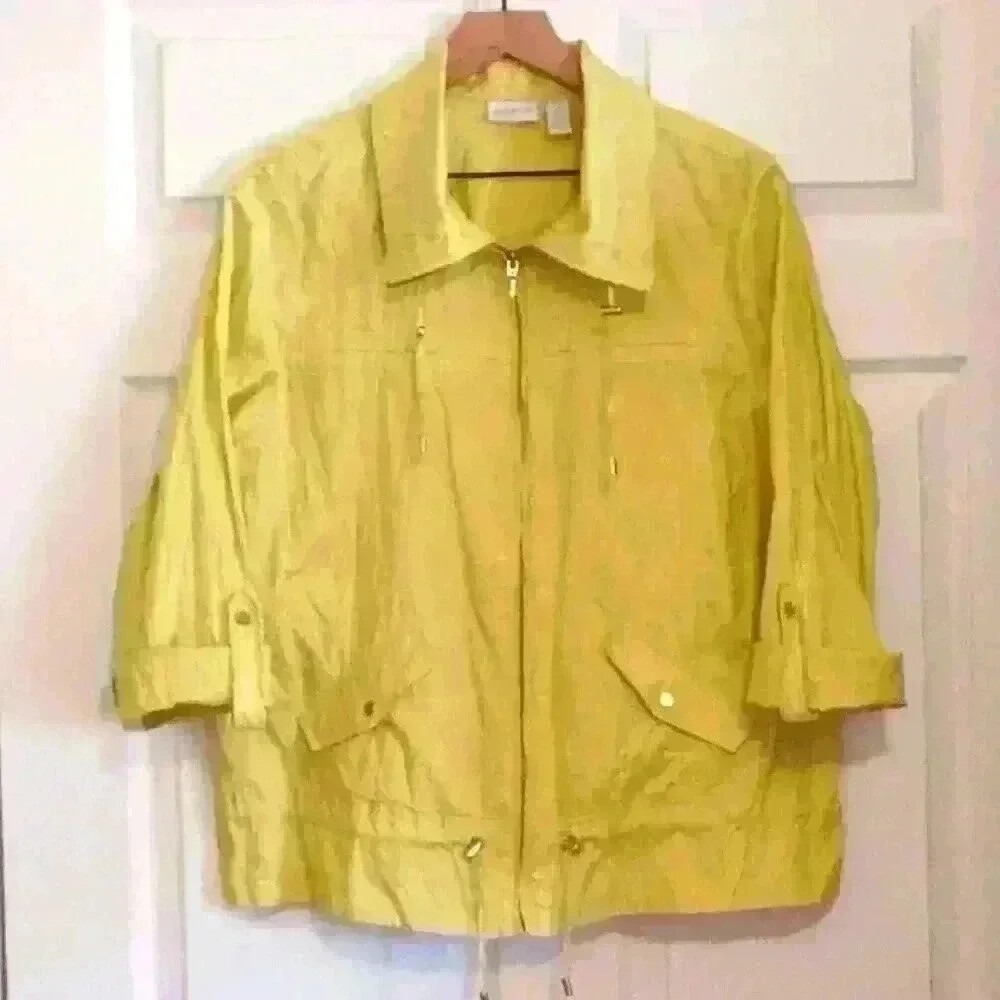 Zenergy by Chicos Women Jacket Yellow Size L/12 Zip Front 3/4 Sleeve Lightweight
